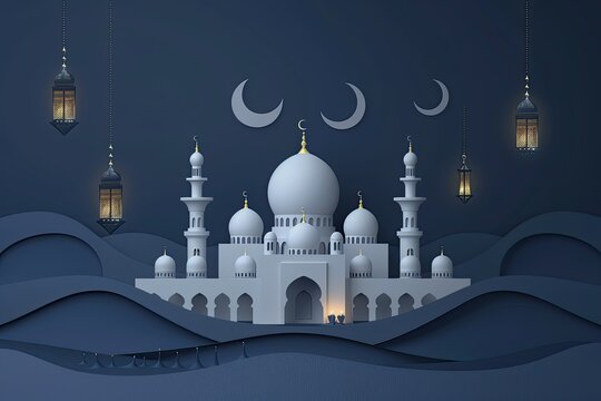 dark blue curved wallpaper desktop with white mosque and small islamic lantern floating on top