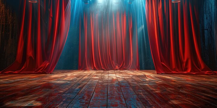 Empty stage with red curtains and spotlight, concept for theater, performance or presentation.