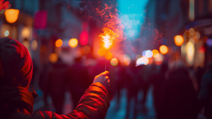 A man is holding a flare in the middle of the street, focusing on the burning flare in his hand, Ai generated Images