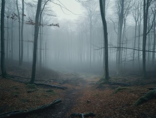 Obraz premium Forest full of tall, bare trees, thick blanket of leaves covers ground.
