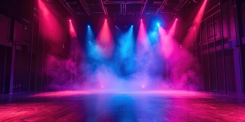 Empty concert stage with vibrant pink and blue stage lights and smoke, creating a moody atmosphere for performances.