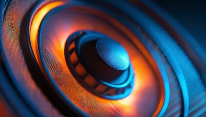 Close-up of a blue and orange speaker with a swirl of colorful light, creating an abstract, futuristic design. Perfect for technology or sound concepts - obrazy, fototapety, plakaty
