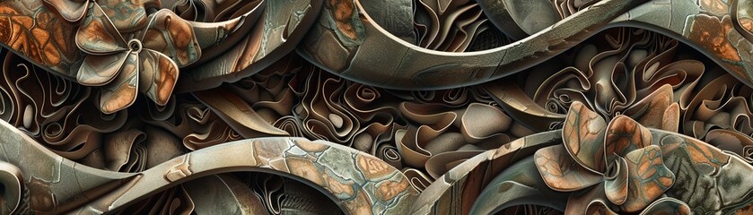 Illustration of a nanophotography inspired pattern, focusing on the intricate textures of recycled materials, in soothing earth tones