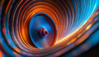 Abstract close-up of a speaker, featuring a blue and orange design with a swirling light - obrazy, fototapety, plakaty