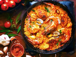 Traditional Spanish paella, brimming with succulent seafood - 770476389