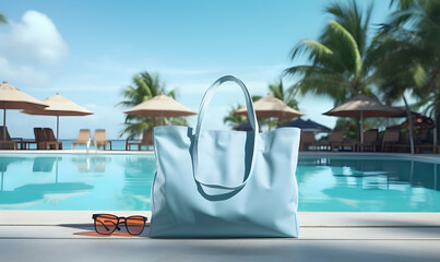 Black bag and sunglasses on the edge of swimming pool. 3d rendering