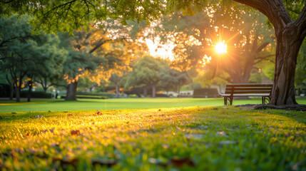 Serene park scene bathed in golden hour light, emphasizing health and fresh air, with a solitary bench under a majestic tree, a carpet of fallen leaves, and the sun's rays piercing through the foliage