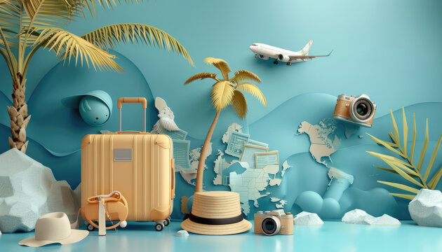 It's time to travel, concept poster in 3D with suitcase, palm tree, hat, camera, airplane, map. by AI generated image