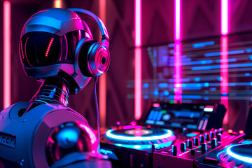 Futuristic robot DJ mixing at a neon club. Advanced technology in music, robotic entertainment, nightlife and DJ culture, electronic music events