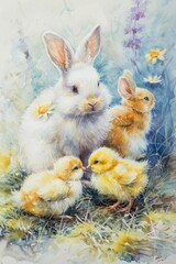 Fototapeta premium Fluffy bunnies playing with Easter chicks, soft watercolors, ground level, early morning light