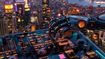 Fototapeta premium Robot DJ at a console overlooking a cityscape at dusk. Futuristic entertainment, technology in music, nightlife scene, electronic music events