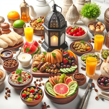 A lavish spread of traditional Ramadan dishes fruits and desserts set for Iftar,Muslim food and sweets on ramadan table
