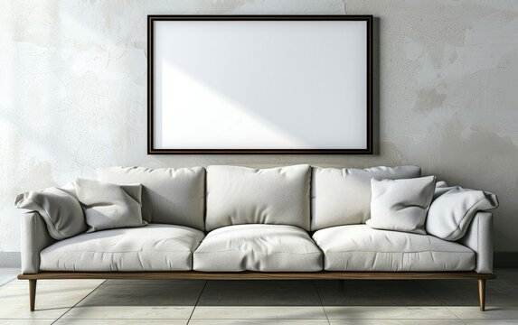 Modern living room interior with comfortable sofa and blank picture frame on wall.