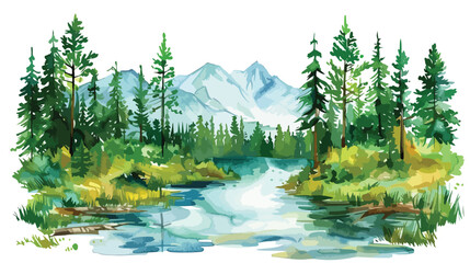 Watercolor landscape of the river in the forest illustration
