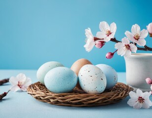 Easter eggs and sakura flowers on a blue background, pastel colors, spring composition. Easter and spring holidays concept