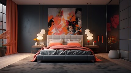 an image that captures the essence of a modern bedroom, showcasing the combination of dark grey walls and vibrant pops of color - obrazy, fototapety, plakaty