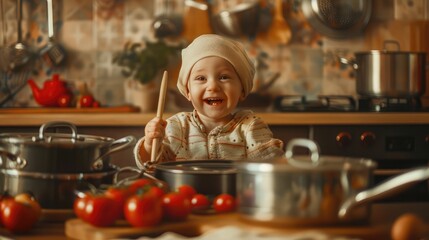 Laughing toddler playing drums with pots and pans on kitchen table with colander on head - obrazy, fototapety, plakaty