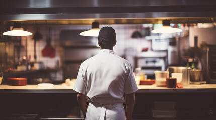 A chef standing with his back to the camera wearing a white chefs coat and a black cap looking at...