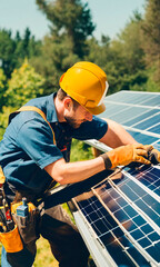 Worker installs solar panels, contributing to environmental preservation and sustainable energy.