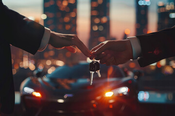 Two hands exchanging car keys with blurred city lights and cars in the background conveying a deal made at night