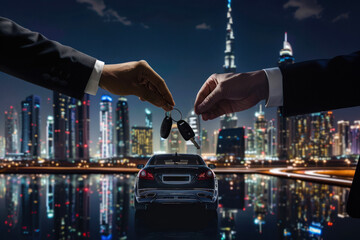 Two formally dressed people exchanging car keys against dazzling cityscape and waterfront reflecting lights - obrazy, fototapety, plakaty