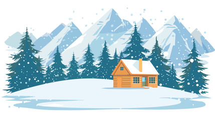Winter house landscape. Rural scene with snowy mountain