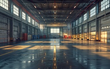 Spacious industrial warehouse interior with sunlight casting long shadows on glossy floor, empty for versatile use. - obrazy, fototapety, plakaty