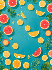 Summer tropical background with palm leaves, grapefruit and oranges. Vector illustration.