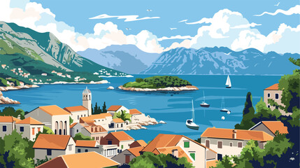 Summer view of Adriatic seacoast Montenegro flat vector - obrazy, fototapety, plakaty