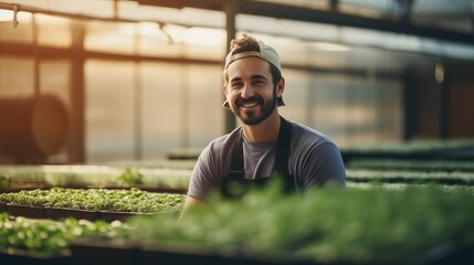 Happy male garden worker in greenhouse with microgreens. Businessman grows, herbs. Joyful male florist  at work. Own business concept - obrazy, fototapety, plakaty