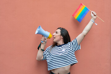 transgender LGBT hispanic celebrating rainbow flag and megaphone announcing equality isolated on...