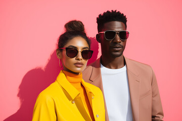Two people wearing sunglasses and standing in front of a pink wall. The woman is wearing a yellow jacket and the man is wearing a red jacket - obrazy, fototapety, plakaty