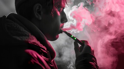 A young man smokes an electronic cigarette made with Ai generative technology, person is fictional - obrazy, fototapety, plakaty
