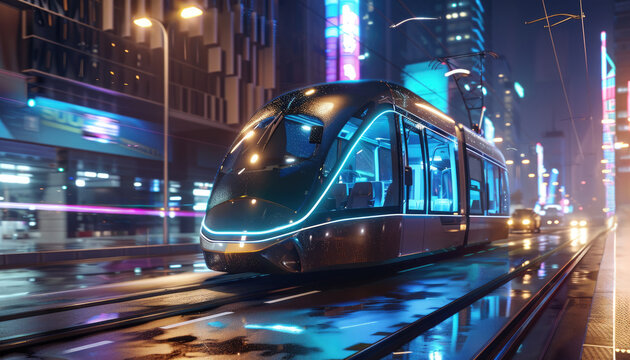 Futuristic city tram rides through the city by AI generated image