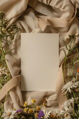 card mock-up, a blank A5 portrait card, with a beige ribbon slightly ruffled behind, several wildflowers naturally framing the card - obrazy, fototapety, plakaty