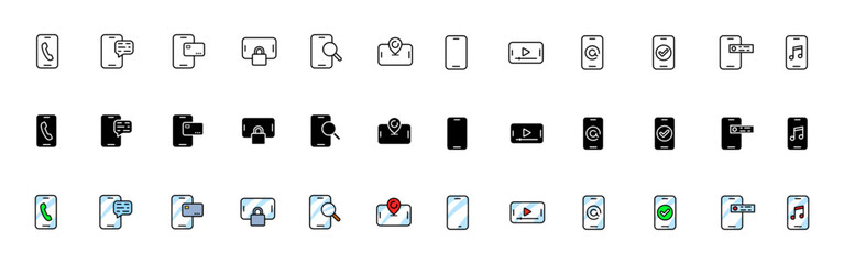 Smartphone icon collection. Phone icons. Linear, silhouette and flat style. Vector icons