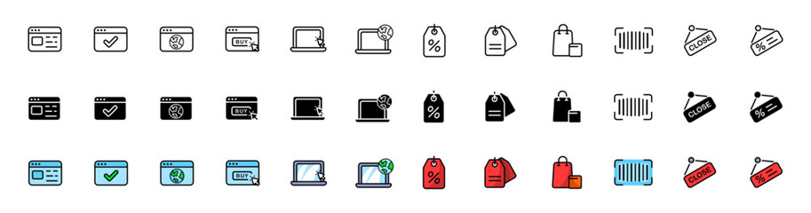 Online shopping icon set. Online shop icons. Linear, silhouette and flat style. Vector icons