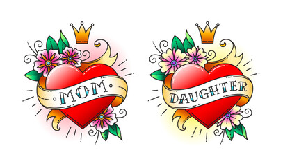Set of Classic tattoo. Heart with flowers and ribbon with the words mom and daughter. Classic old school American retro tattoo. Vector illustration.