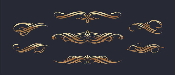 Set of page decorations golden design elements. Calligraphic gold flourishes elegant ornamental dividers. Vector illustration.