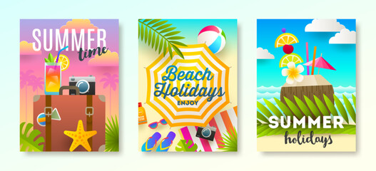 Set of tropical vacation and summer holidays design for posters, greeting card, flyer and promo. Vector illustration.