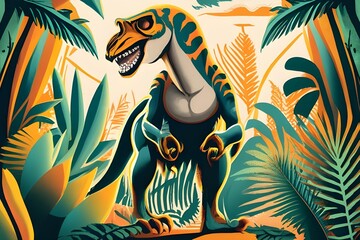 Anthropomorphic artistic image of jungle raptor in distance, illustration - obrazy, fototapety, plakaty