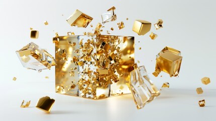 3d render, abstract cracked gold cube split into crystal and golden pieces, isolated on white background. Futuristic unique geometric object. Minimal design