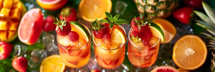 Assortment of Vibrant Tropical Fruit Cocktails with Fresh Garnishes Showcasing a Refreshing and Indulgent Summer Beverage Experience - obrazy, fototapety, plakaty