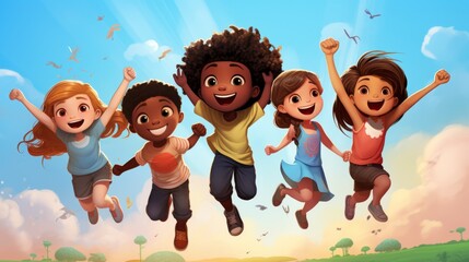 Children jumping for joy on the background of the globe on a green background. The concept of International Children's Day.	
