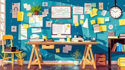Vibrant home office with cluttered creative workspace