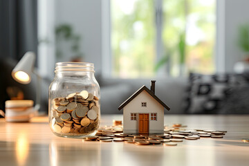 House model and coins jar on the table. Savings for buying or renting home. Rising property values, mortgage rates and high housing tax - obrazy, fototapety, plakaty