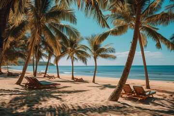 beach with palm trees, sunbed and sun