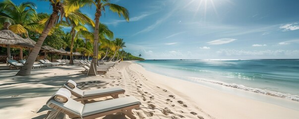 beach with palm trees, sunbed and sun - obrazy, fototapety, plakaty