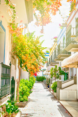 Sunny Summer Street With Bougainvillea Flowers in Puerto Mogan at Gran Canaria, Canary islands in...