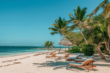 Fototapeta na wymiar beach with palm trees, sunbed and sun
